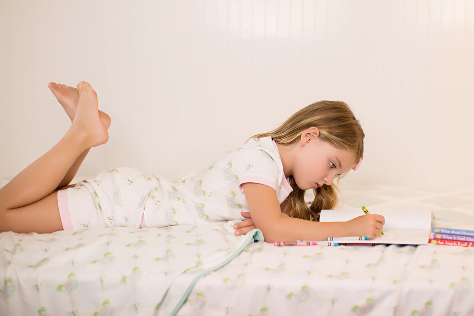 Signature Print Youth Short Set with Soft Pink Trim