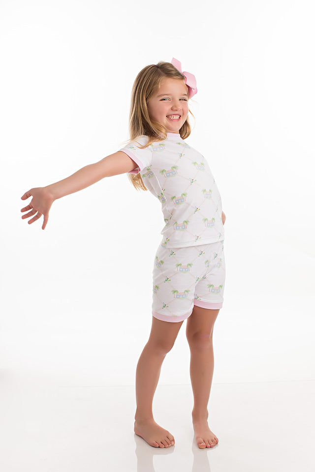Signature Print Youth Short Set with Soft Pink Trim