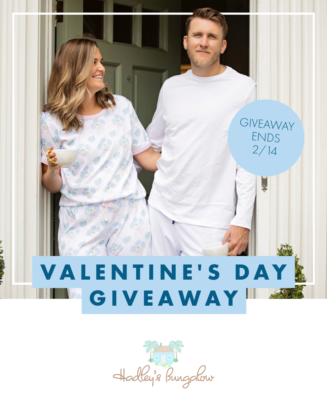 Man and woman standing in a doorway wearing Hadley's Sweet Hydrangea pajamas